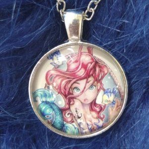 Vintage Mermaid Cabochon Silver glass Necklace